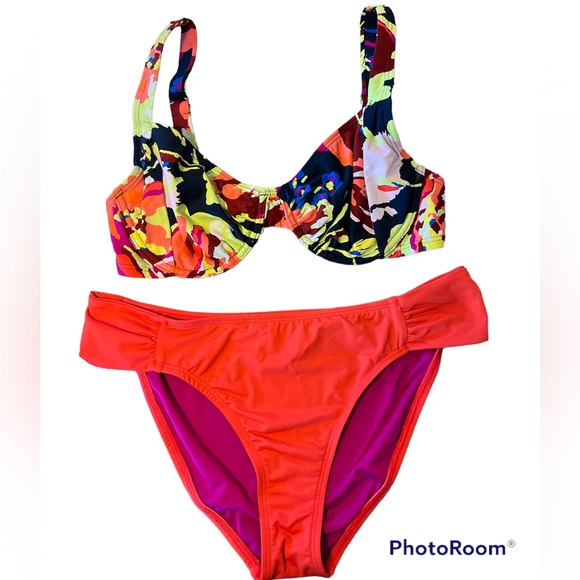 Title Nine Women 2 Two Piece Bikini Swimsuit Swim Wear Bright Floral Large 34D
